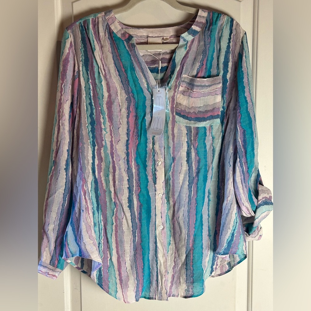 Zac & Rachel Button Up Striped Shirt Roll Tab Sleeve Tie Front or Leave Long